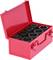 Red metal box with open lid, filled with nine large black wing nuts for fastening or dismantling screws.