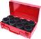 A red metal case with an open lid contains eight black hexagonal socket nuts arranged in two rows.