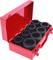 Red toolbox with an open lid containing eight large black sockets.