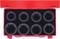 A red toolbox with eight different socket wrenches. The sockets are arranged in two rows of four sockets each.