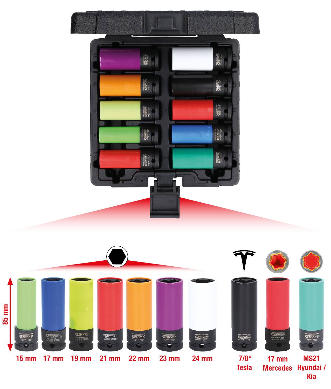 A set of eleven coloured socket key inserts in a black box, including a size overview from 15 to 24 mm for various car manufacturers.