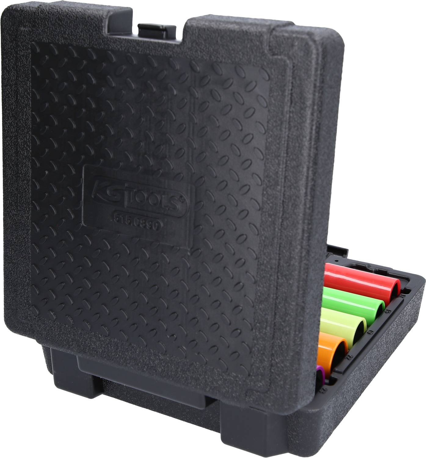 A black tool case with an open lid, displaying various-coloured spanners or tools neatly arranged.