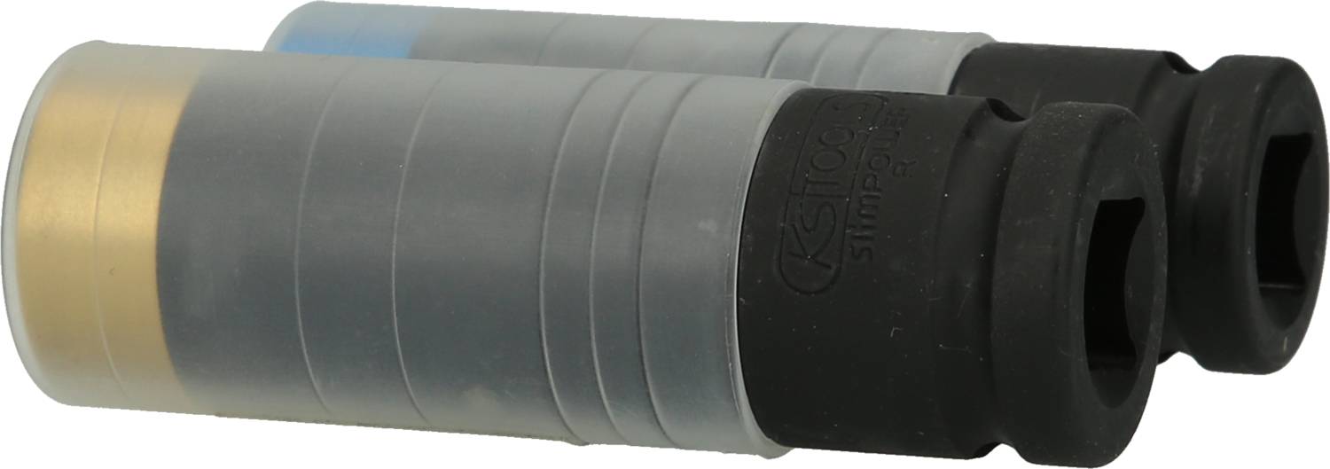 Two black hexagonal socket key inserts with plastic casing. One has a golden tip, the other a blue tip.