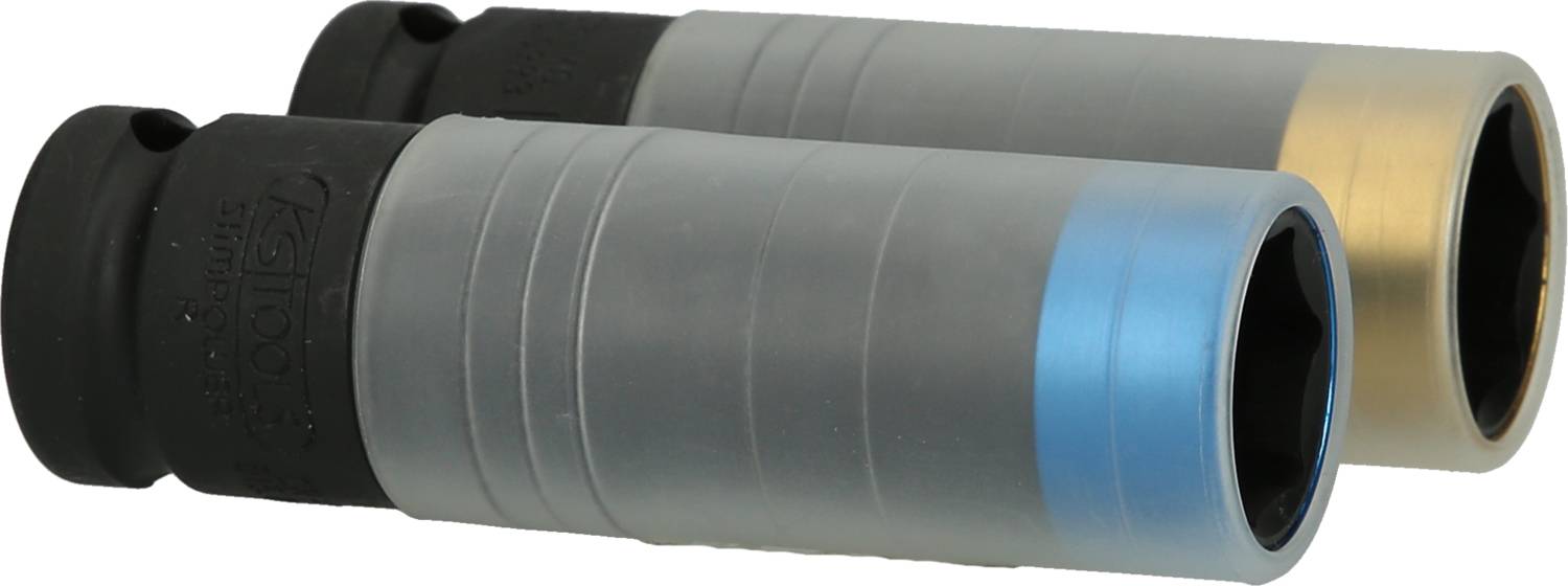 Two colour-coded spark plugs, grey with blue and gold rings, used for different screw sizes in motor workshops.