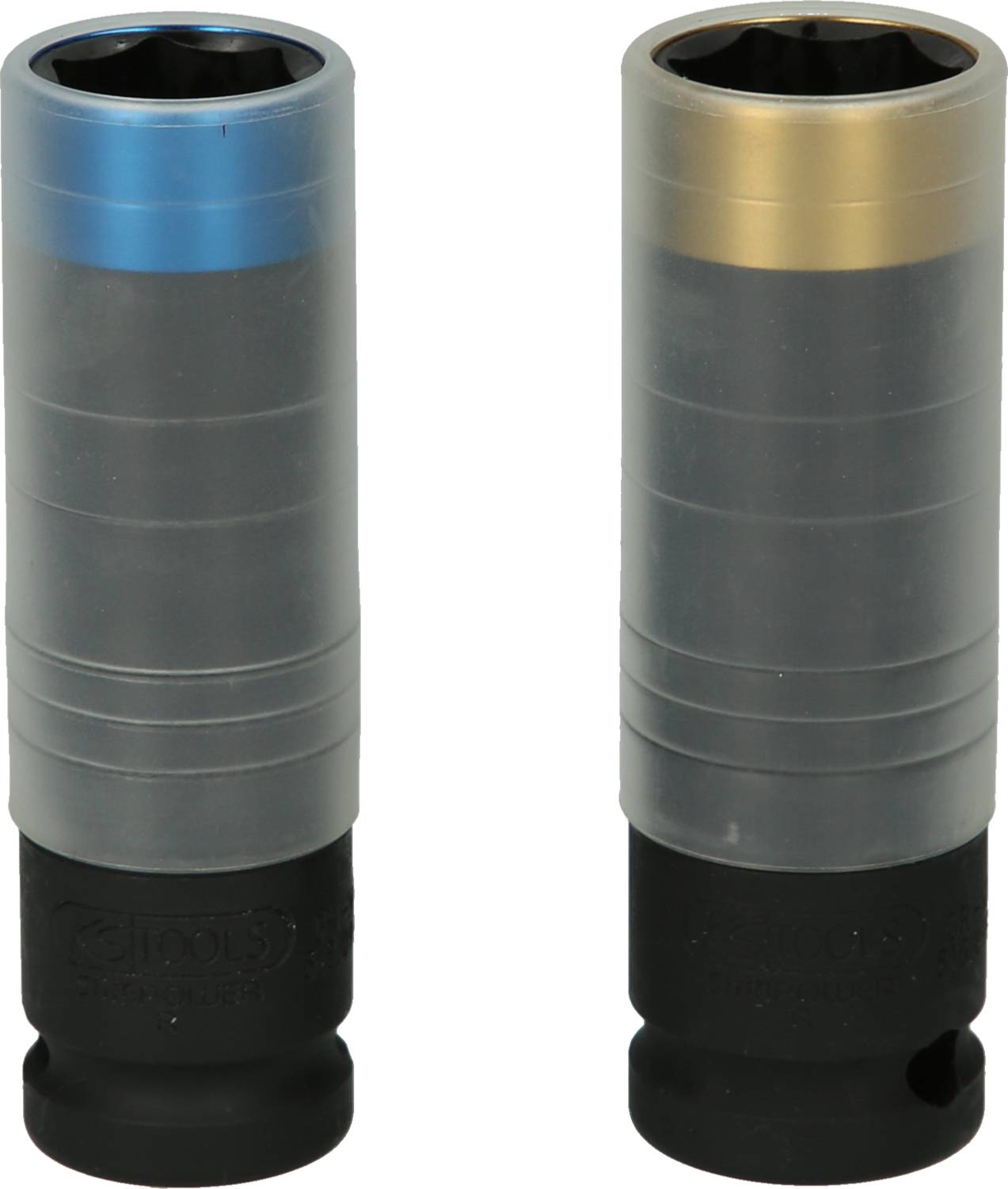 'Two nuts with different colour markings, one blue, one gold, for fastening or loosening screws or bolts.'