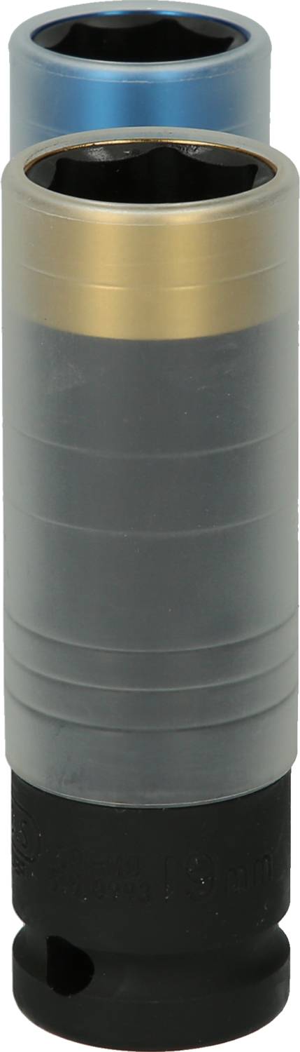 Two socket key inserts, one with a blue ring, the other with a golden ring, made of black metal, for repair work.