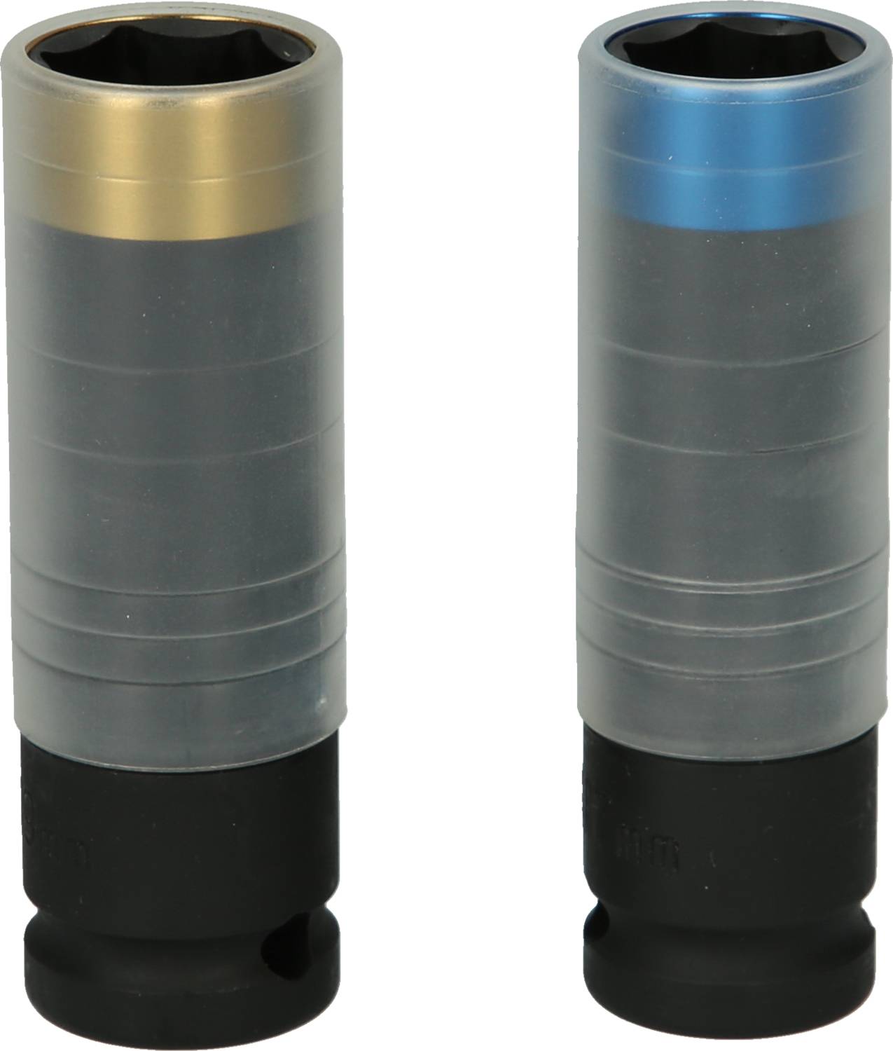 'Two nuts with coloured rings, left in gold, right in blue. Both have a black base and are the same height.'