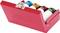 Red metal box with four coloured wheel lock keys (blue, gold, red, green), with snap fastener.