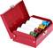 Red metal box with four white cylinders, coloured end caps: red, green, blue, gold. Likely for industrial or laboratory use.