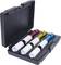 A black tool case with three coloured socket keys (red, gold, blue) and white plastic sleeves, open.