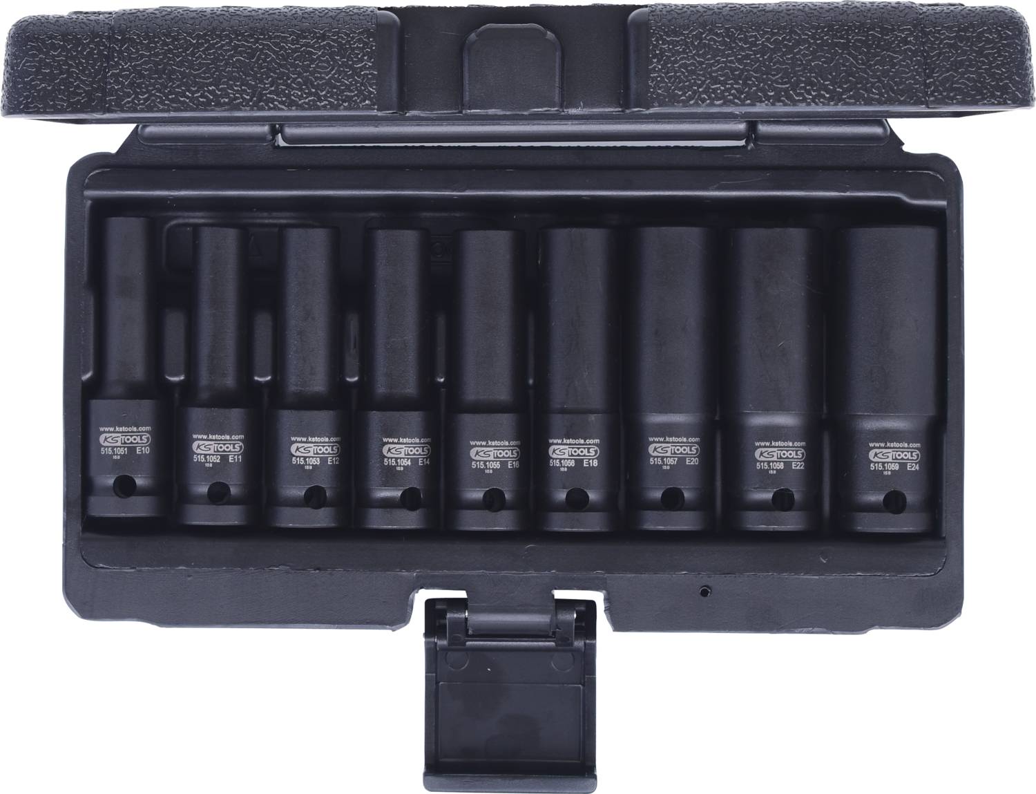 Tool kit with nine socket wrenches of different sizes, neatly arranged side by side in a black hard-shell case.