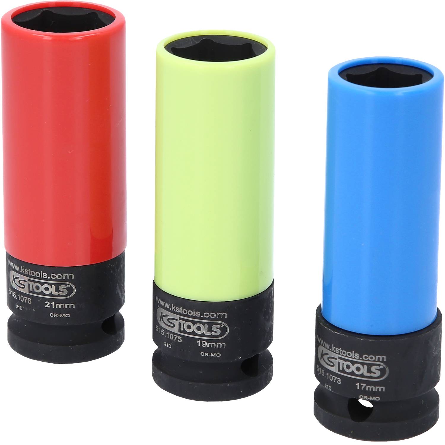 Three colourful locking nuts in red, green and yellow standing upright. Sizes are 21 mm, 19 mm and 17 mm. Ideal for changing wheels.