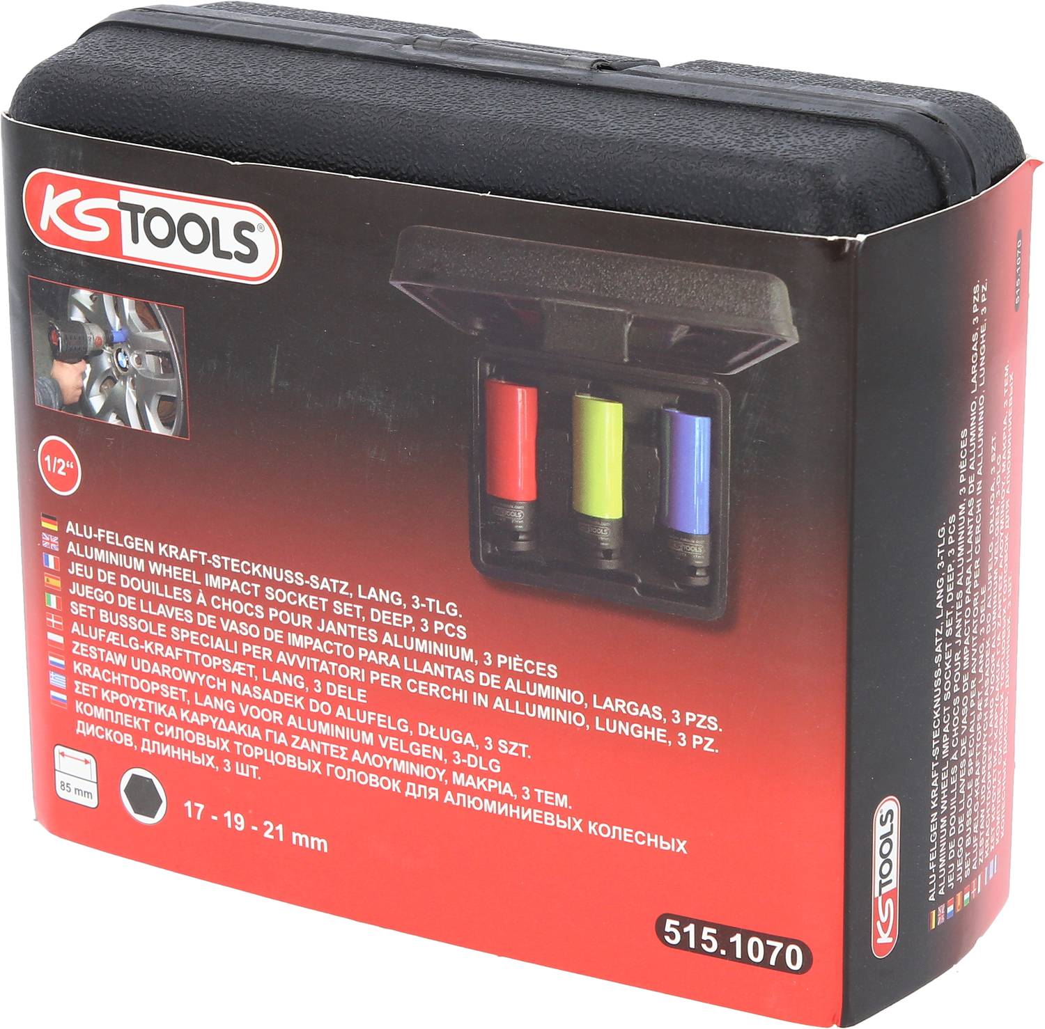 'KS Tools' Aluminium Wheel Nut Socket Set, comprising three colour-coded sockets in 17, 19 and 21 mm sizes.