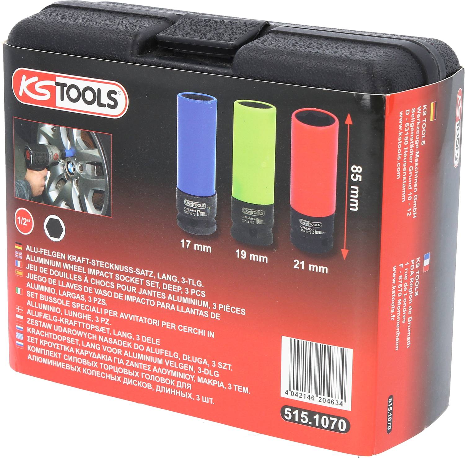 'KS Tools' Socket Set Packaging: Contains three colour-coded sockets (17mm, 19mm, 21mm) for aluminium wheels, in a compact box.