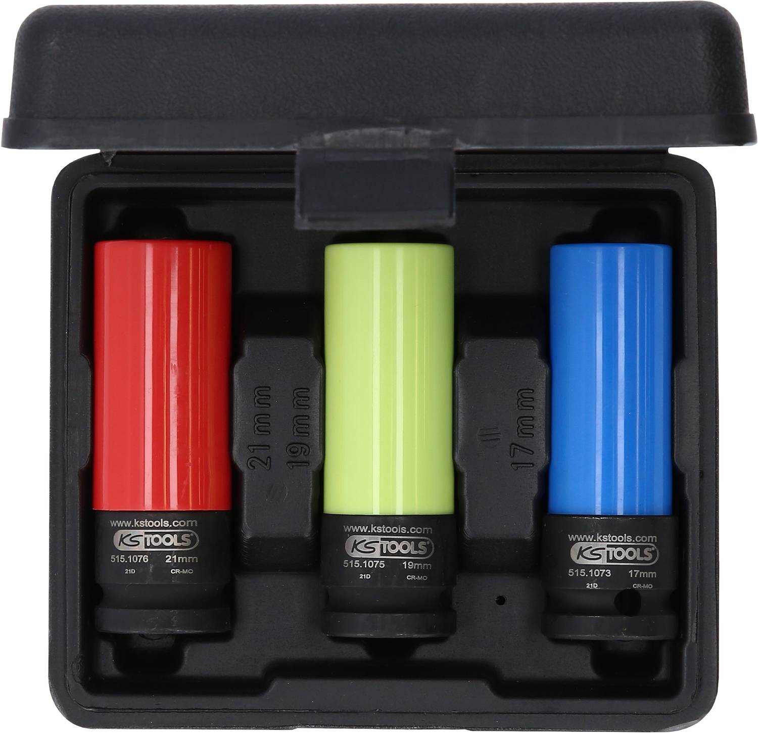A set of three coloured socket nuts (red, yellow, blue) in a black case. Sizes: 21 mm, 19 mm, 17 mm, by KS Tools.