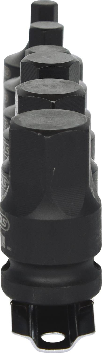 Four black socket key inserts in a row, stacked and perspectively decreasing towards the back. Suitable for tools.