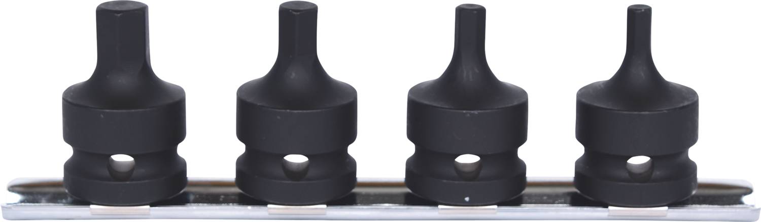 Four black plug connectors on a mounting, arranged side by side. They have a rounded shape and are of equal size.