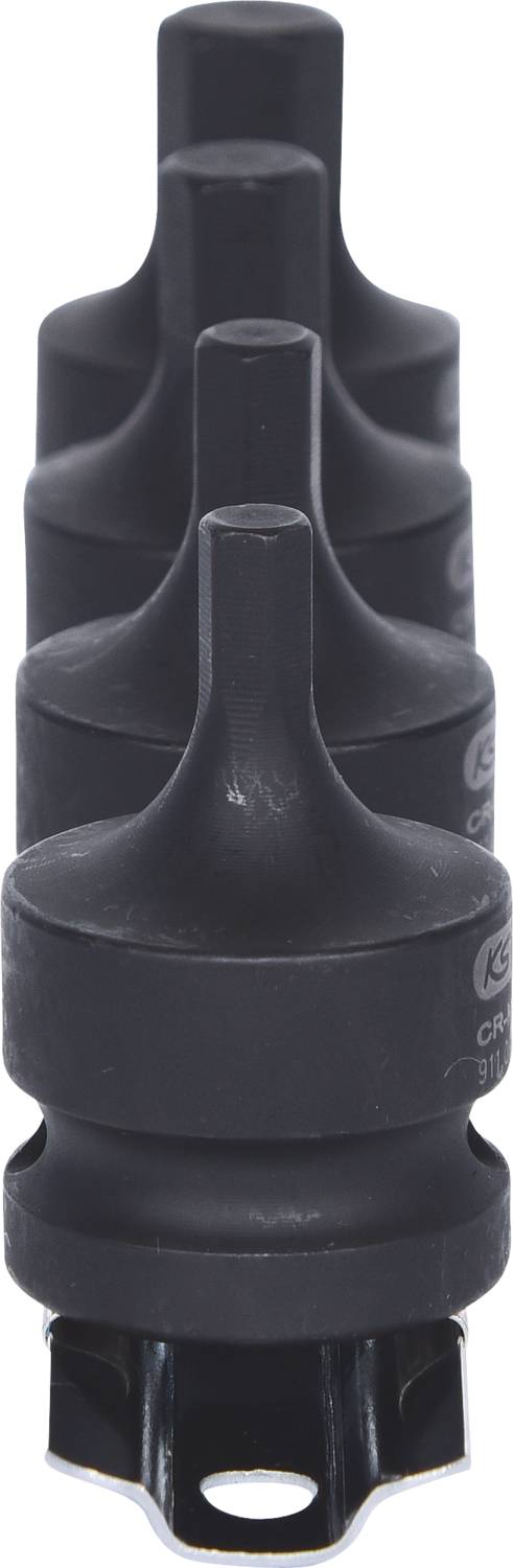 Four black forceps with differently sized tips, arranged vertically in a line.