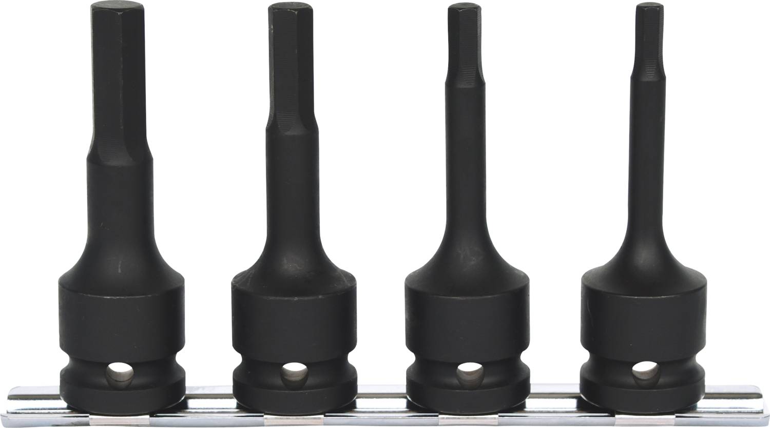 Four black hex socket key bits in various sizes, lined up on a holder. They are hexagonal and made of metal.