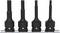 Four black hex socket key bits in various sizes, lined up on a holder. They are hexagonal and made of metal.