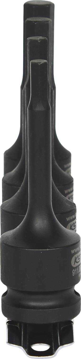 Five black screwdriver bits lined up, from a front, focused bit with a narrow head to the blurry bits at the back.