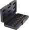 Black plastic case with several black screwdrivers in various sizes, neatly arranged.