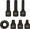 A set of five black socket keys of different shapes and sizes used for vehicle repairs.