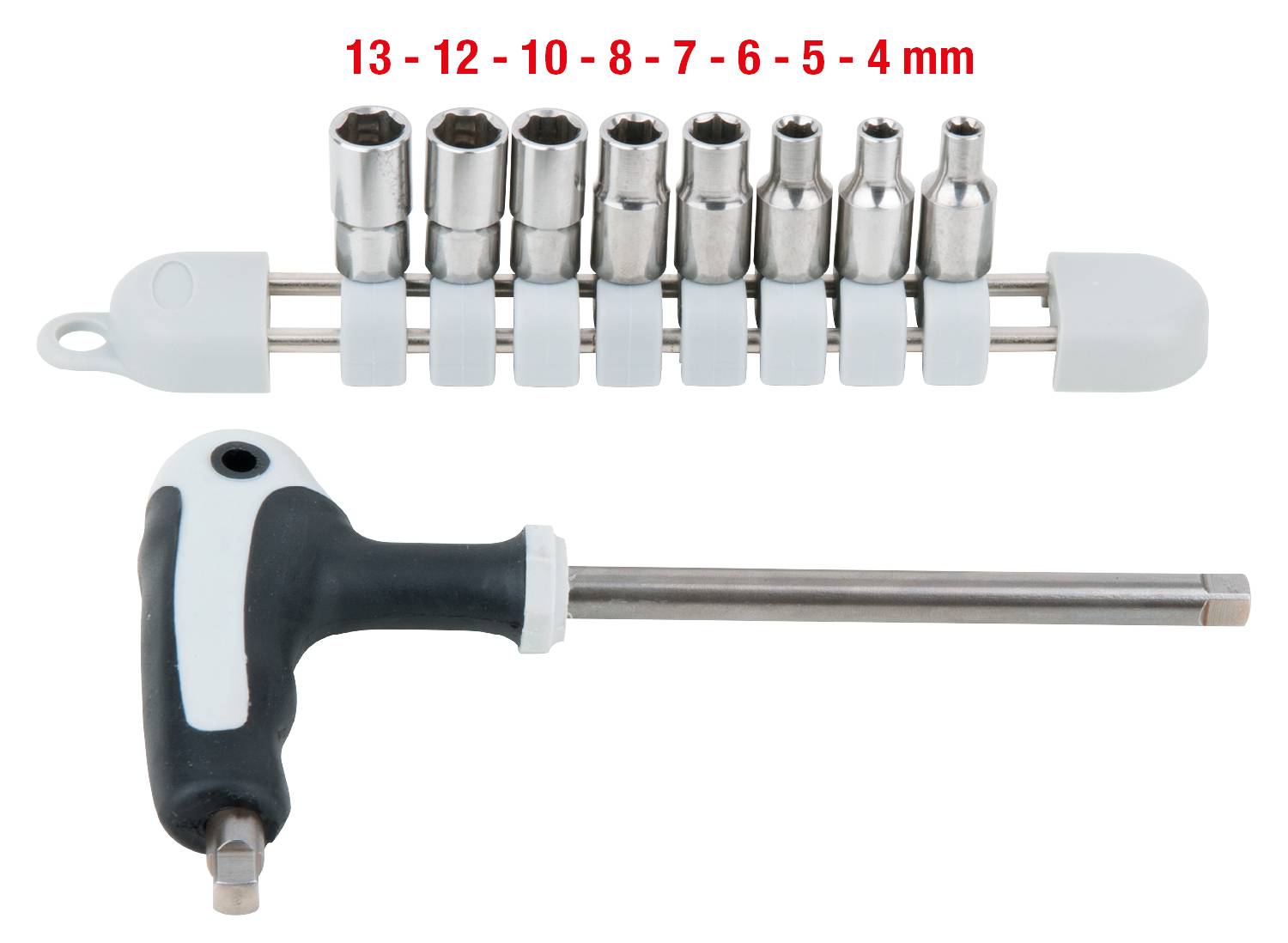 'Set of socket nuts (sizes 13 to 4 mm) with a T-handle wrench for handling the nuts. Ideal for mechanical work.'