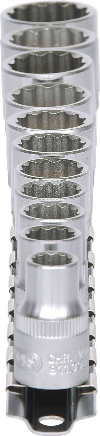 A set of socket wrenches in descending size, lined up one behind the other. Predominantly silver.