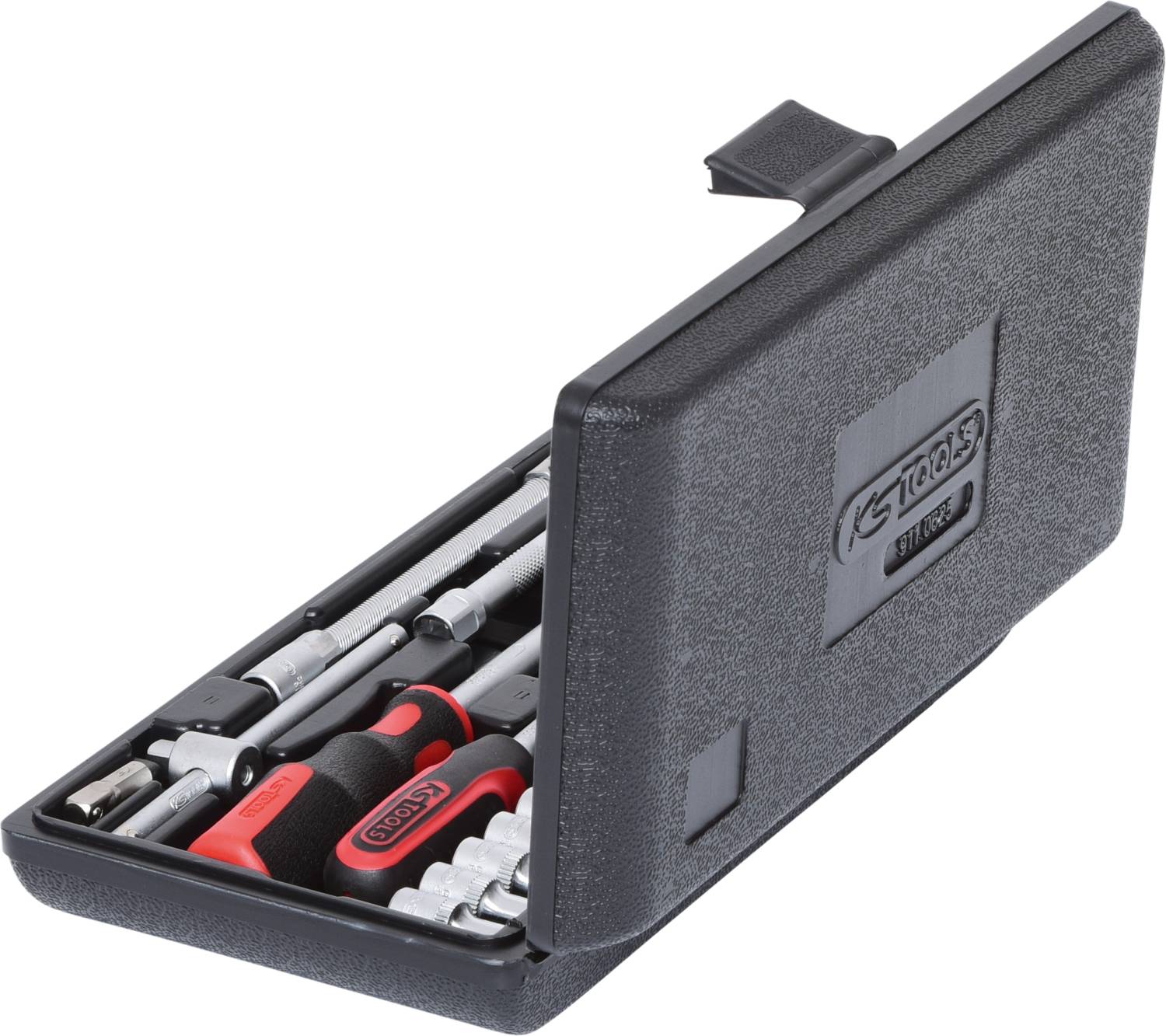 An open toolbox with screwdrivers and various attachments.