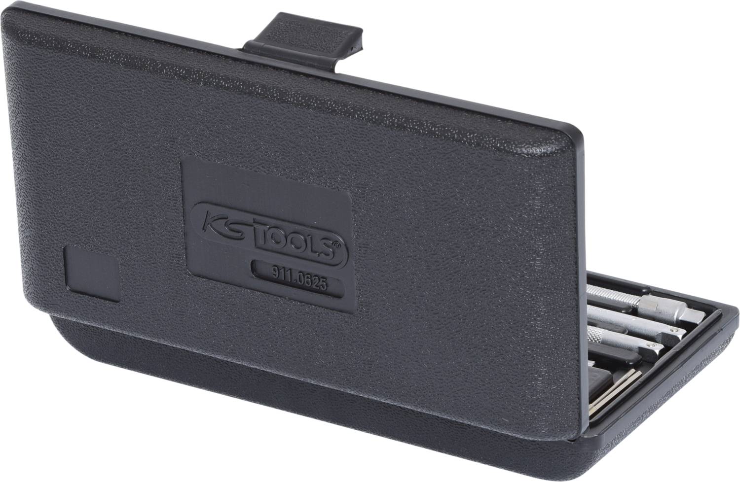 'Black KS Tools case with open lid, various screwdriver bits visible.'