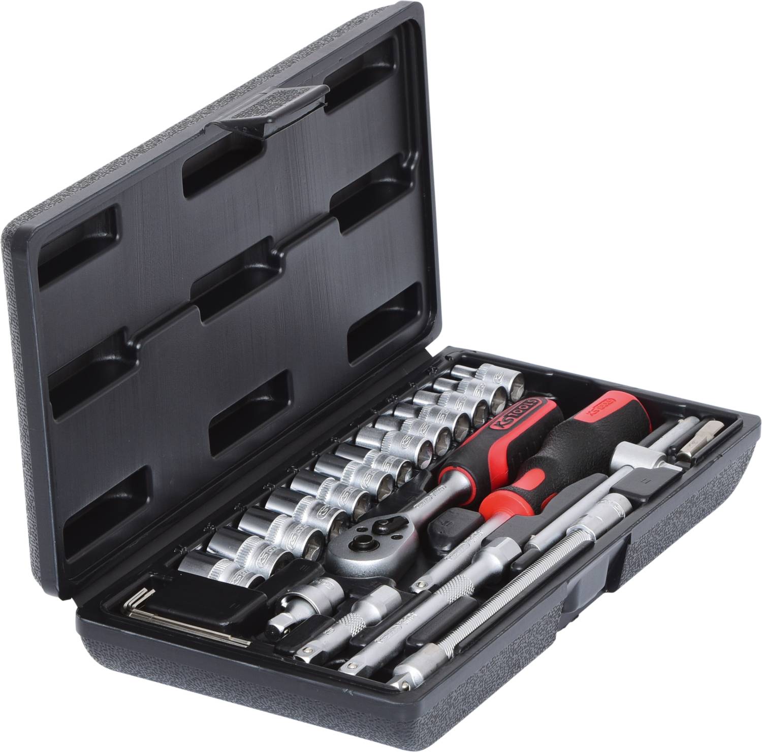 'Socket wrench set in an open black case with various sizes and types of socket wrenches and accessories.'