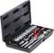 'Socket wrench set in an open black case with various sizes and types of socket wrenches and accessories.'