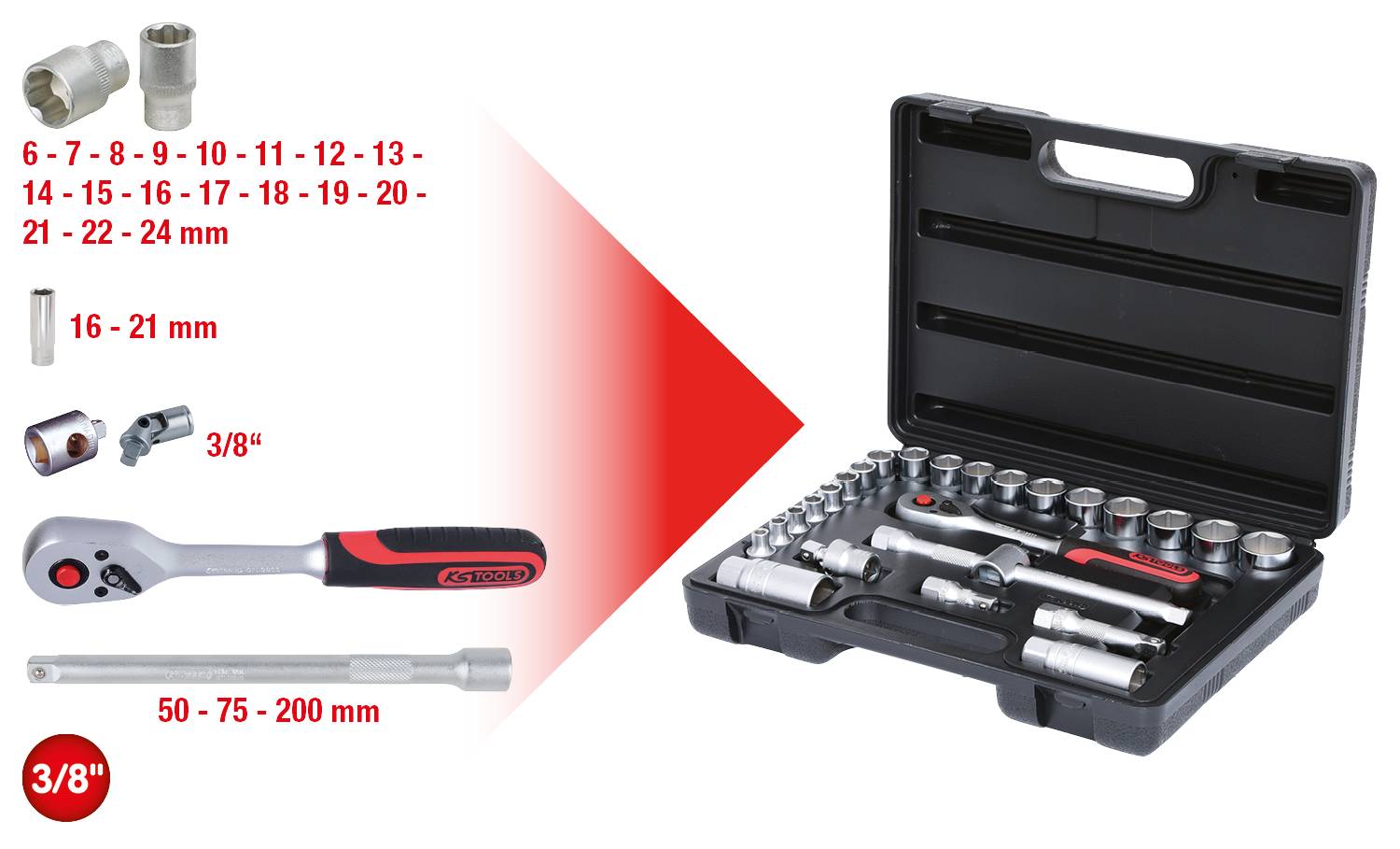 'Socket spanner set in case with ratchet, extensions and sockets in sizes from 6 to 24 mm. For use with 3/8-inch drive.'