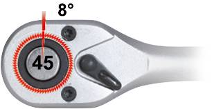 Close-up of a torque wrench with a scale showing 45, and an indication of an 8-degree angle.
