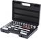 Open tool kit with a ratchet, socket set and extensions. Various spanner sizes are neatly arranged.