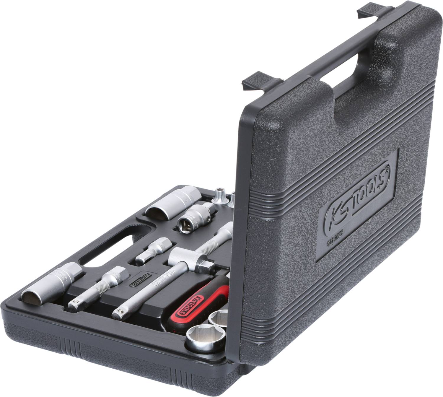 A black tool case with various socket keys and extensions, opened, reveals the inner compartment with tools.