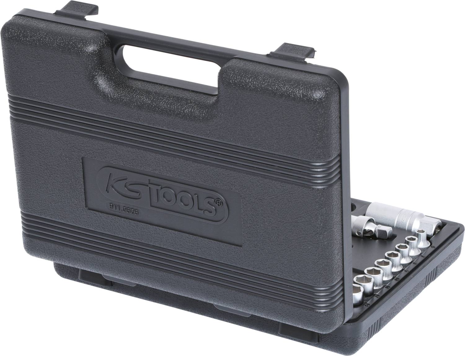 'KS Tools toolbox', opened, shows a set of sockets and a torque wrench. Thin plastic cover with carrying handle.