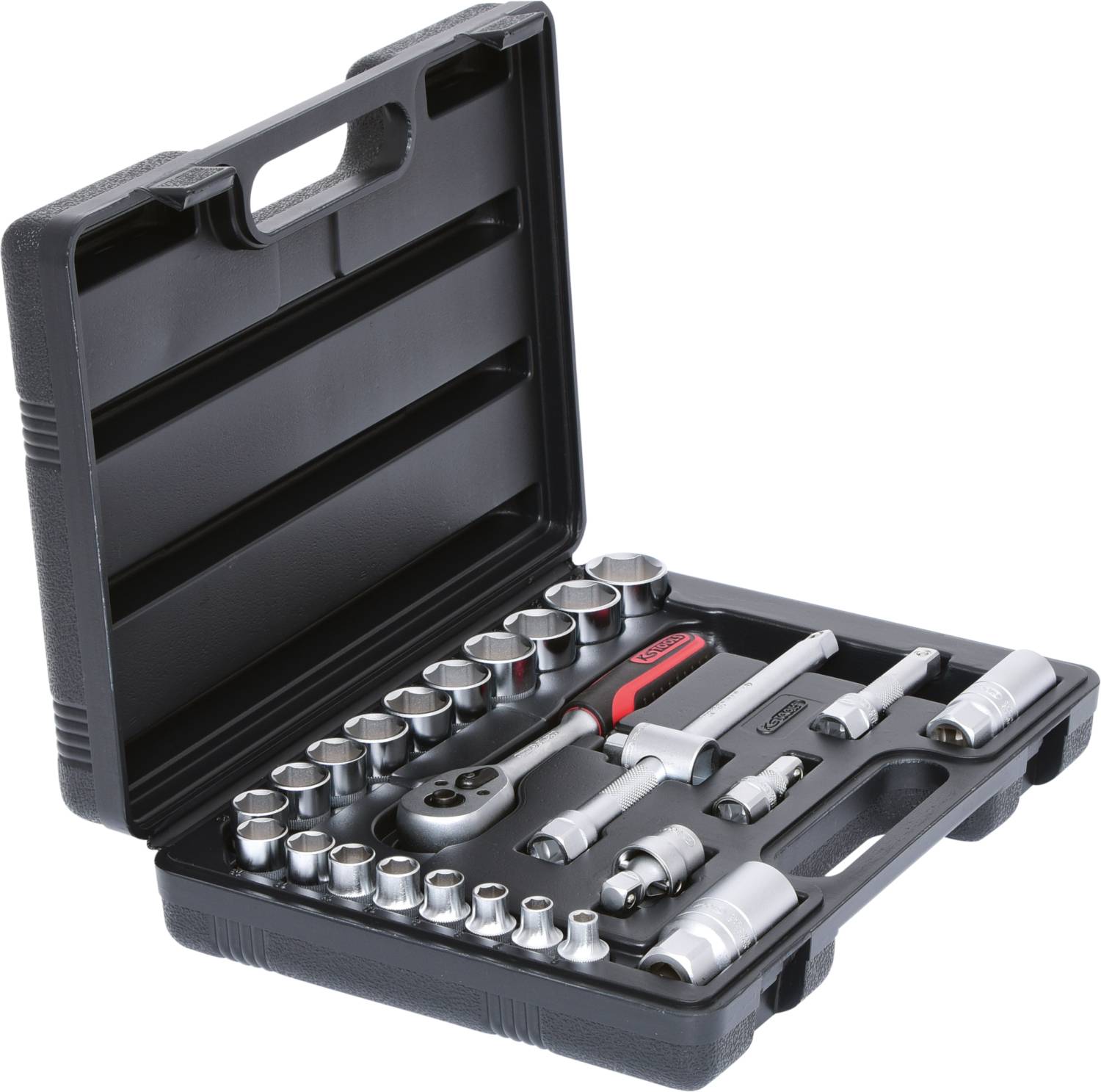 Open tool case with various socket wrenches and ratchets, organised in black holders. Perfect for tradespeople.