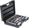 Open tool case with various socket wrenches and ratchets, organised in black holders. Perfect for tradespeople.