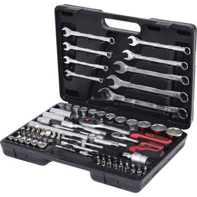 An open toolbox with various spanners, socket wrenches, and bits, neatly sorted in compartments.