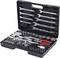 An open toolbox with various spanners, socket wrenches, and bits, neatly sorted in compartments.
