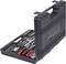 'Open black tool case with various tools such as spanners, socket wrenches and bits, neatly arranged.'