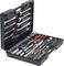 An open toolbox with various spanners, socket wrenches, and bits, neatly arranged in compartments.
