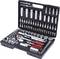 An open tool case with various socket attachments, ratchets and screwdrivers, organised in a plastic case.