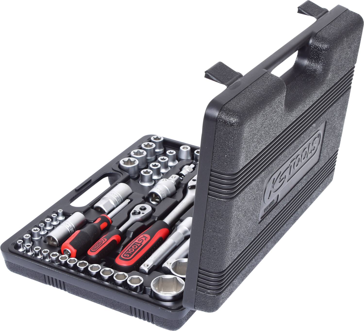 A black tool case with an open lid displays various socket keys, ratchets, and extensions.