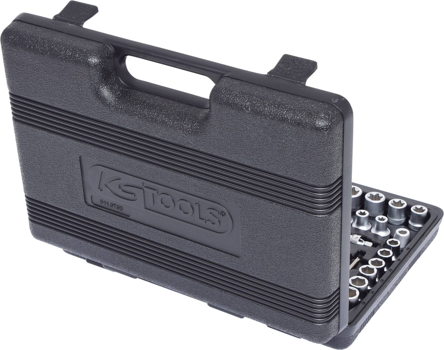 'Black tool case with KS Tools branding, partially open, revealing neatly arranged socket inserts inside.'