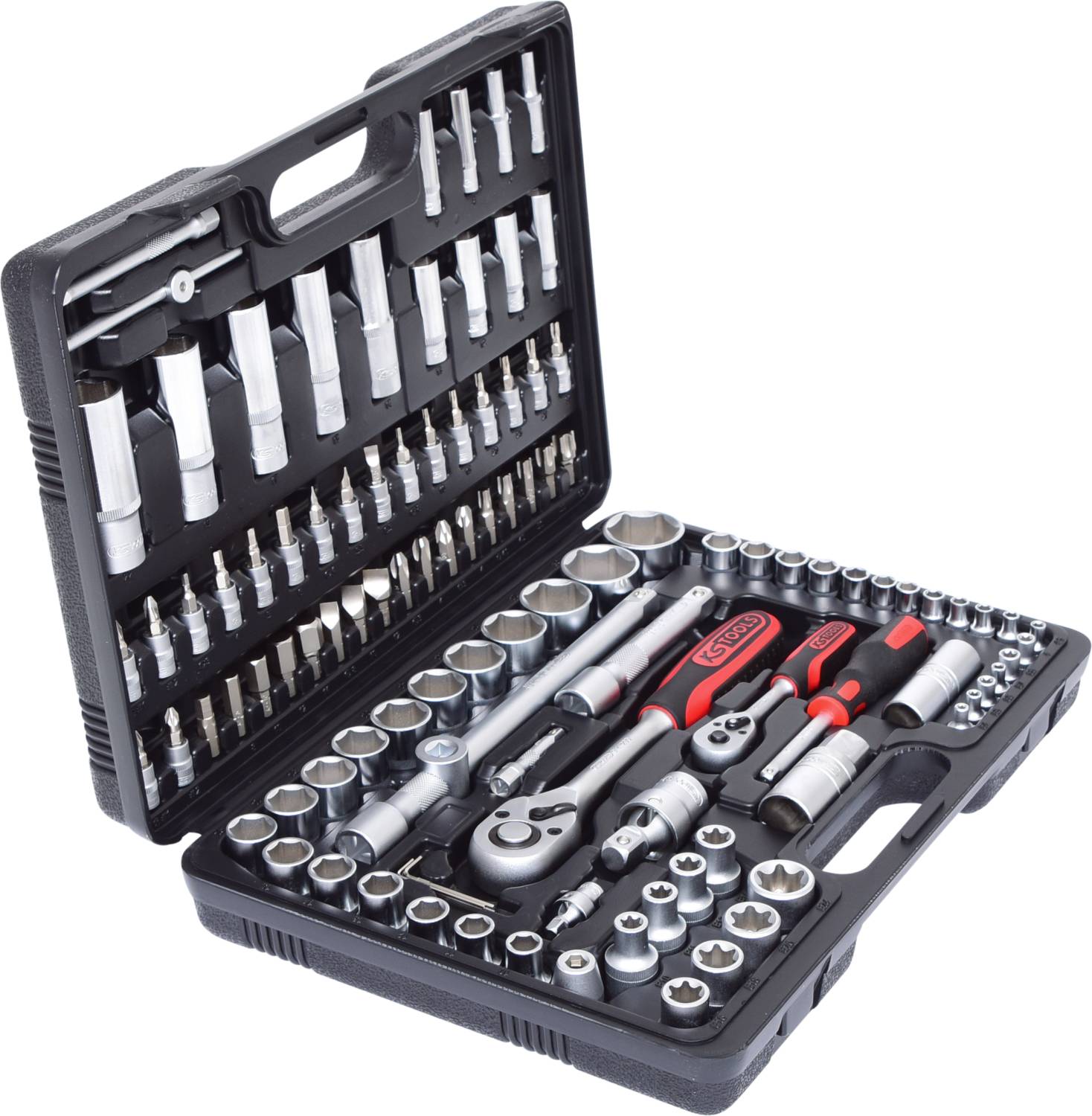 An opened toolbox with various socket keys and bits, ideal for mechanical work and repairs.