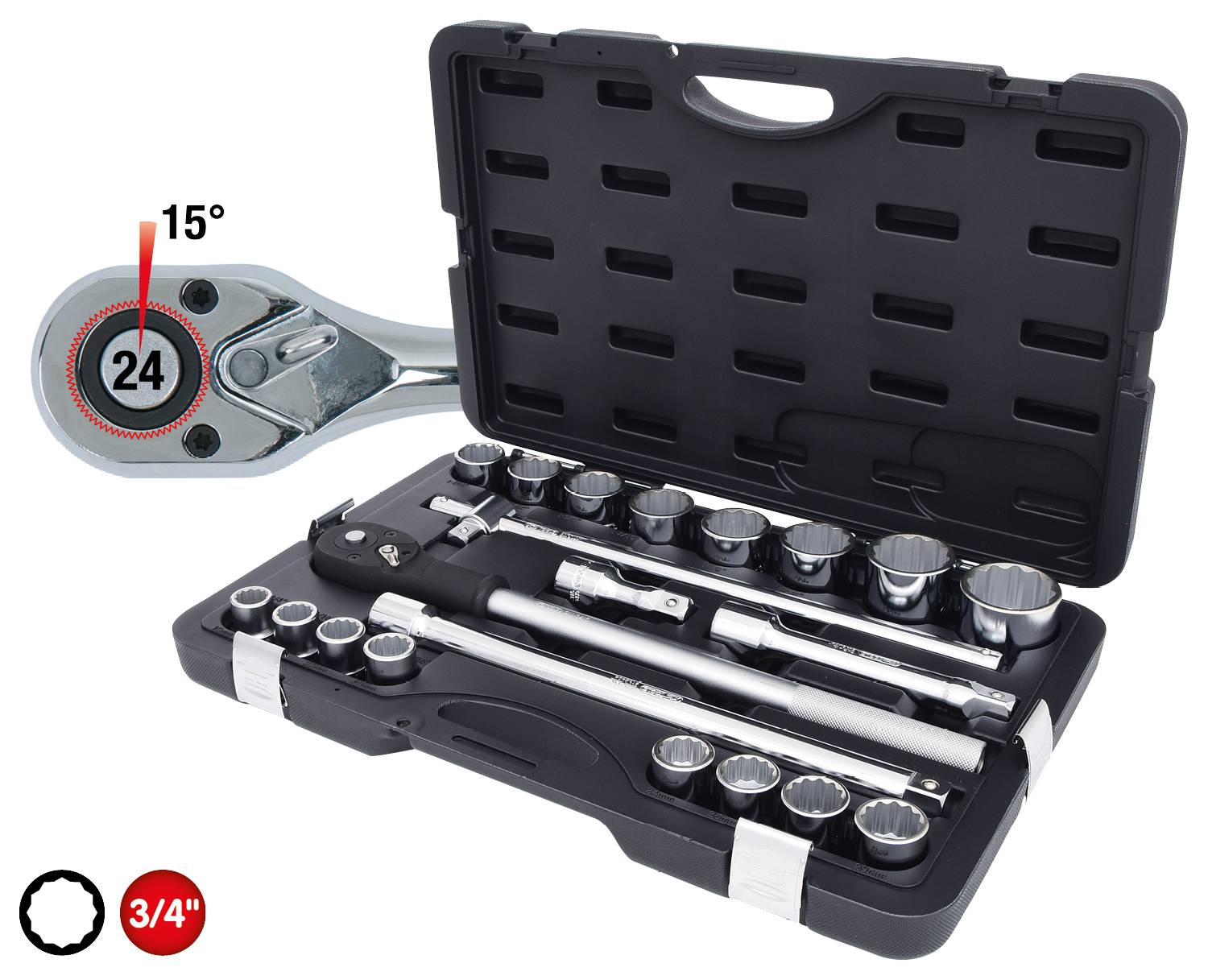 A socket wrench set in a black case with a ratchet spanner and various sized inserts, ideal for repairs.