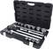 An open toolbox with various socket wrenches and ratchet inserts in different sizes, neatly arranged.